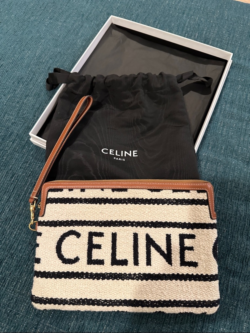 Celine Black and Cream Striped Canvas Wristlet with Tan Trim - Picture 17 of 17